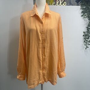 Jones New York Sport Woman Linen Button-Up Shirt XL Long Sleeve Peach